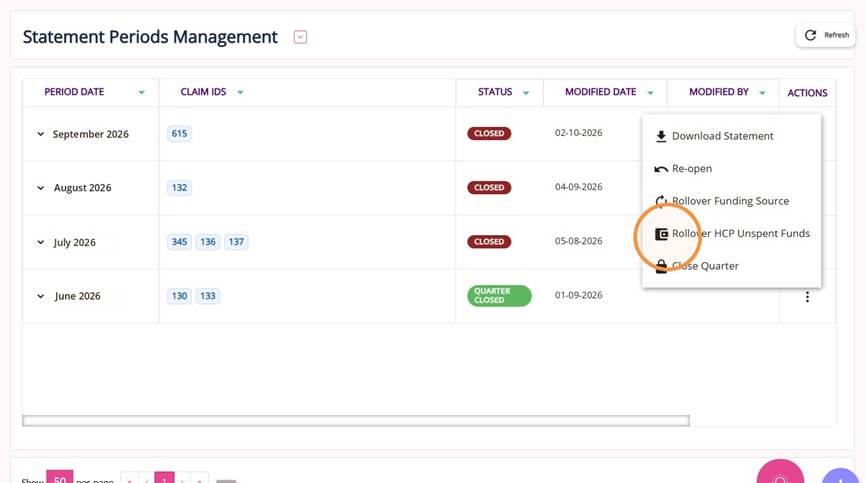Rollover HCP Unspent Funds option in the September 2026 action menu
