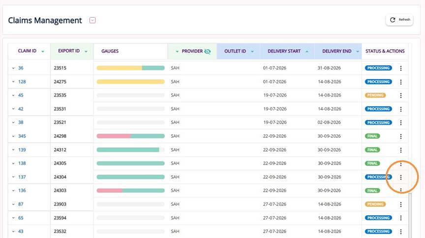 Claims Management dashboard showing Q3 claims with Processing status