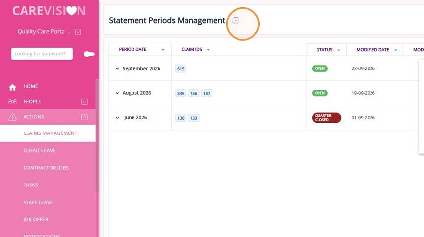 Statement Periods Management showing September 2026, August 2026 and June 2026
