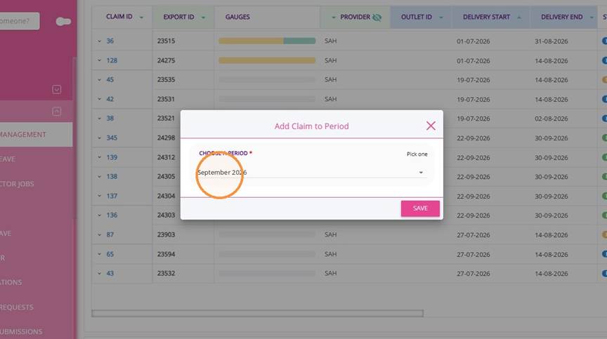 Add Claim to Period dialog with September 2026 selected