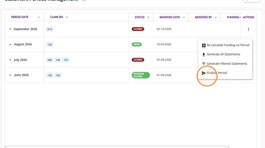 Finalize Period option in the period action menu