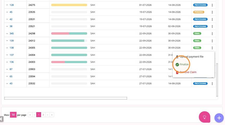 Finalize option in the claim action menu