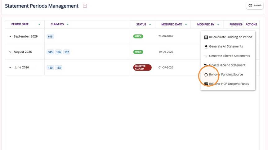 Rollover Funding Source option in the September 2026 action menu