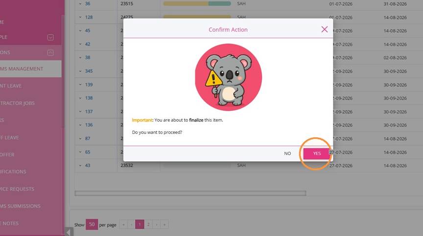 Confirm Action dialog with the Yes button highlighted