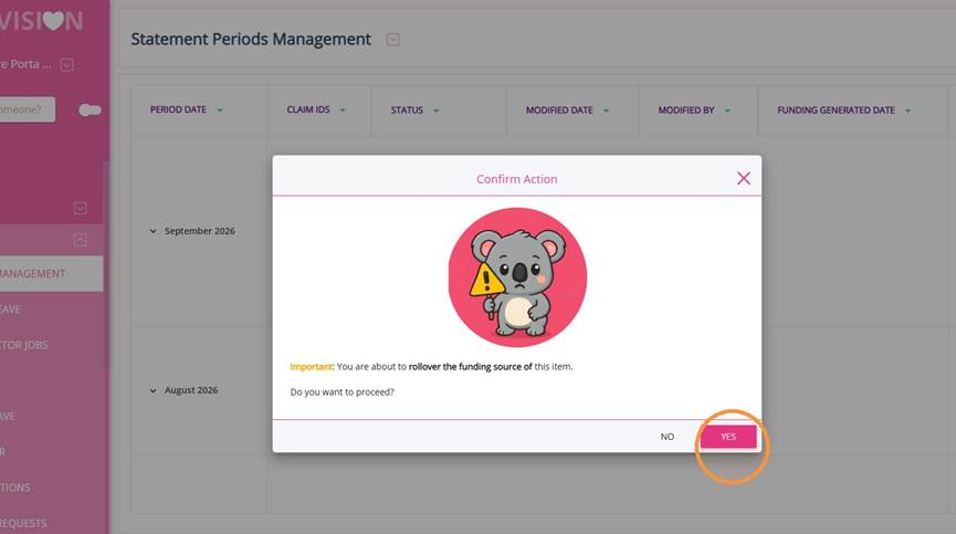 Confirm Action dialog for the funding source rollover
