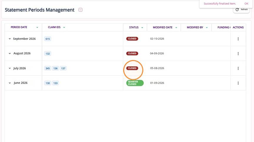 Period status now shows Closed