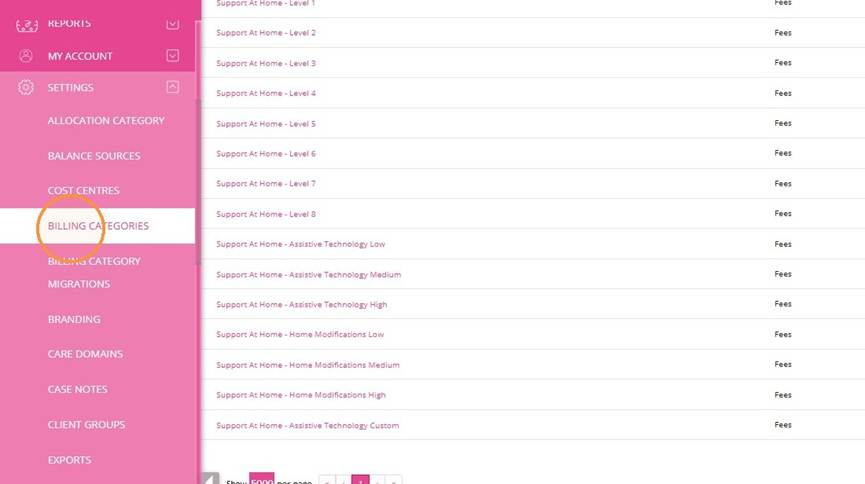 Settings menu with Billing Categories highlighted