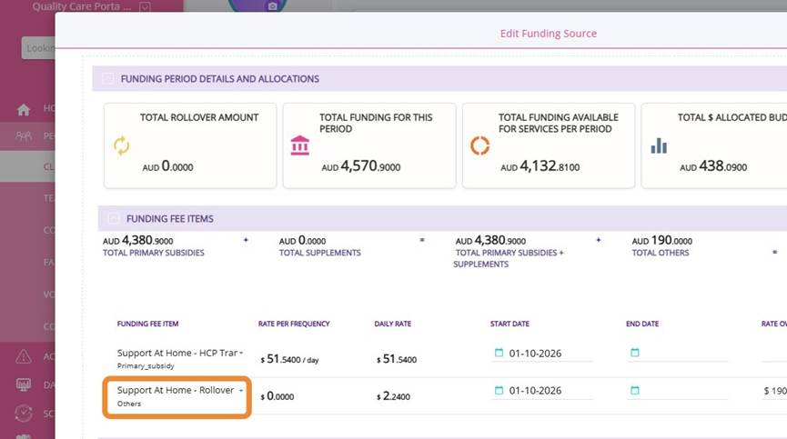 Edit Funding Source showing the Support at Home Rollover funding fee item from 01-10-2026