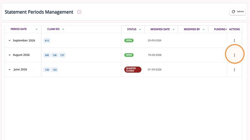 Statement Periods Management with the three dots on the August 2026 period highlighted